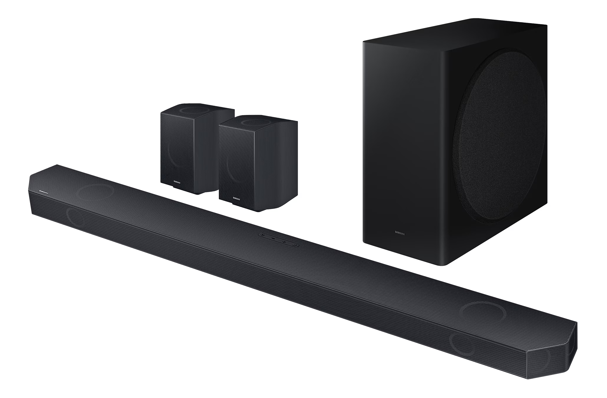 Schwarze Soundbar, zwei Lautsprecher und ein Subwoofer. Schwarzer Hintergrund.