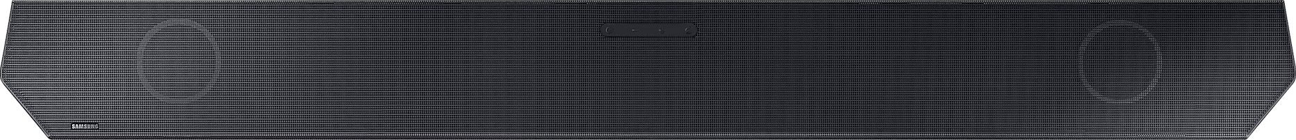 Une barre de son noire avec une façade en mesh. Elle possède un petit bouton et le logo Samsung en bas.