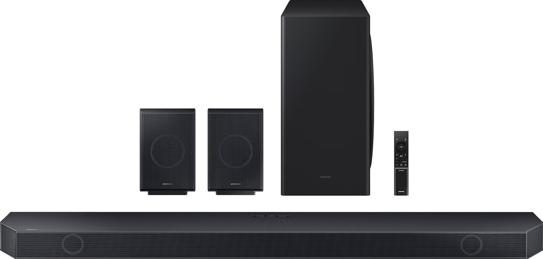 Schwarze Soundbar mit zwei Lautsprechern und einem Subwoofer. Eine Fernbedienung ist ebenfalls sichtbar.