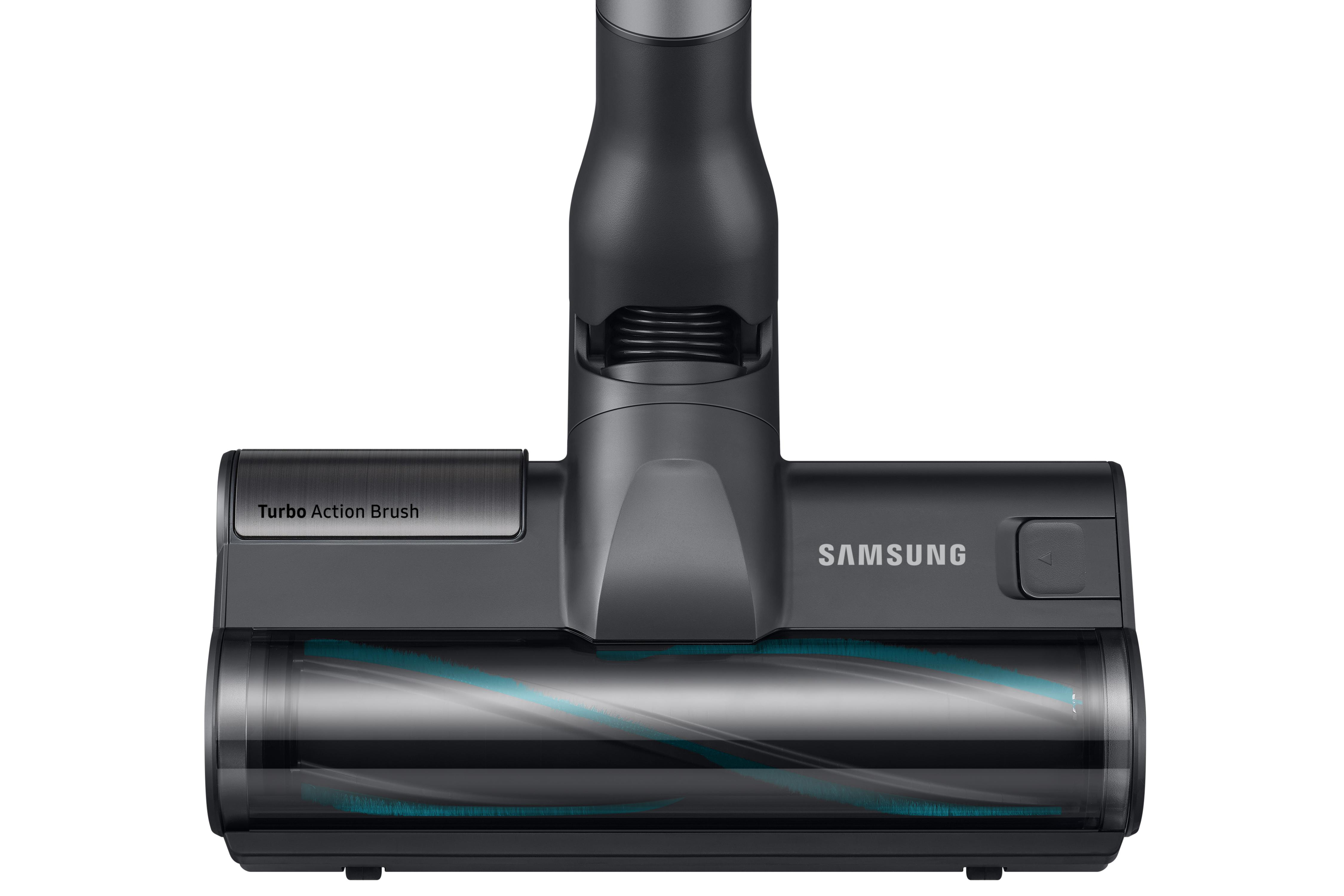 Ein Staubsaugerkopf mit rotierender Bürste, beschriftet mit Turbo Action Brush, und Samsung-Logo.