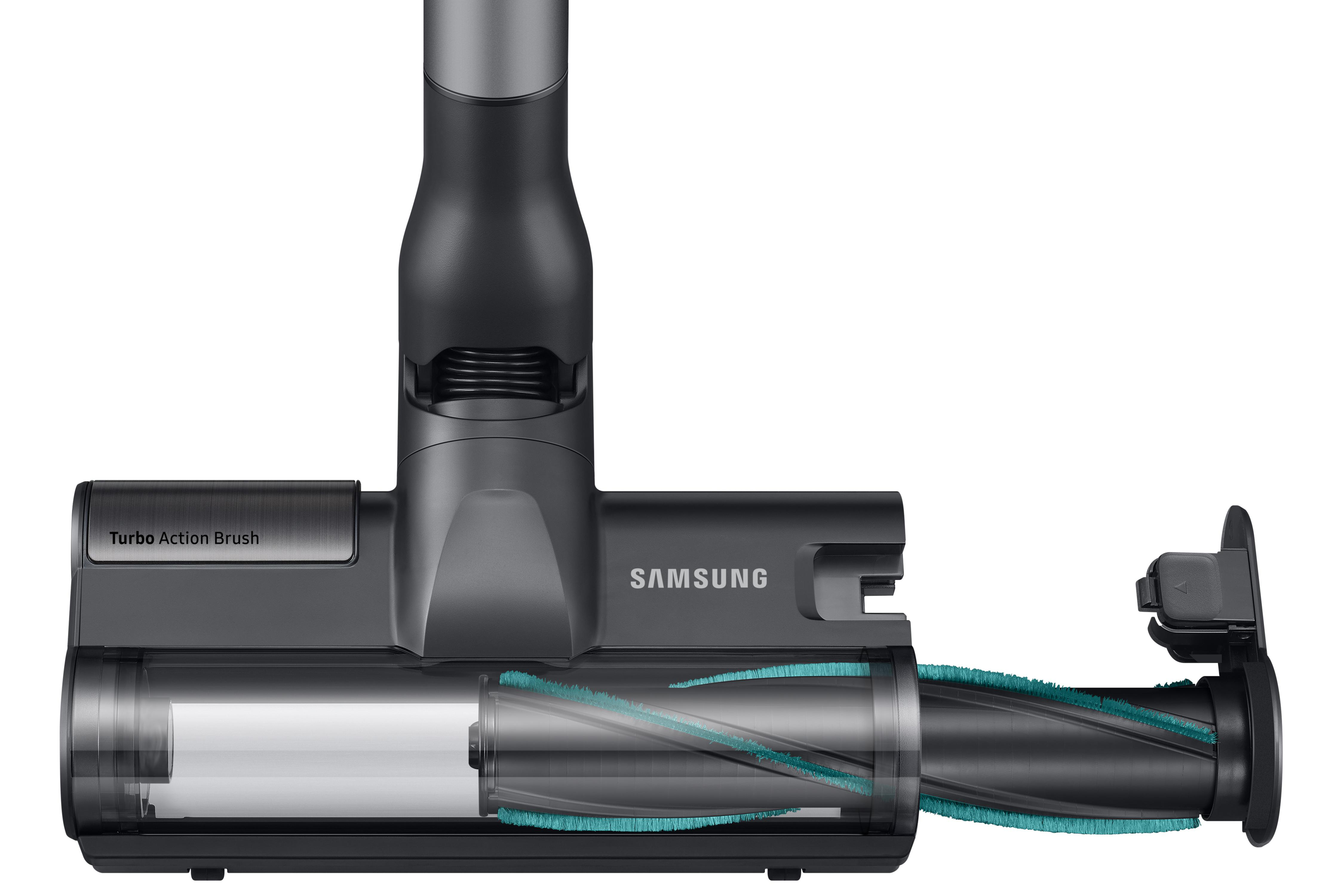 Schwarzer und grauer Staubsaugerkopf mit Bürste, weißer Hintergrund, SAMSUNG-Logo.