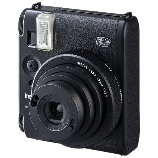 Black instax camera, front view, with lens and flash.
