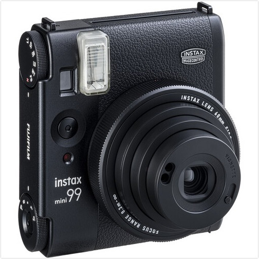 Black Instax Mini 99 camera. Has a lens, flash, and various dials and buttons.