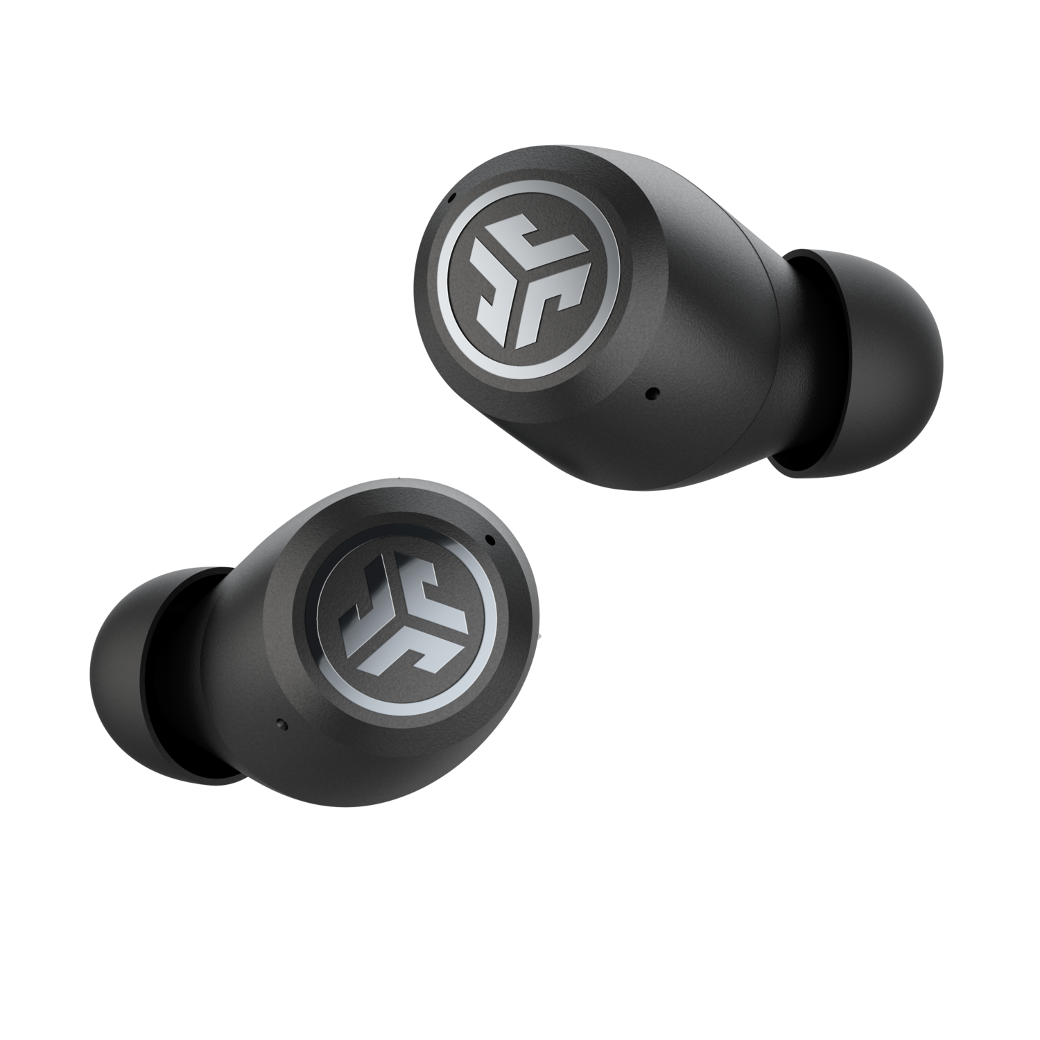 Two black earbuds with a silver logo are isolated on a black background.