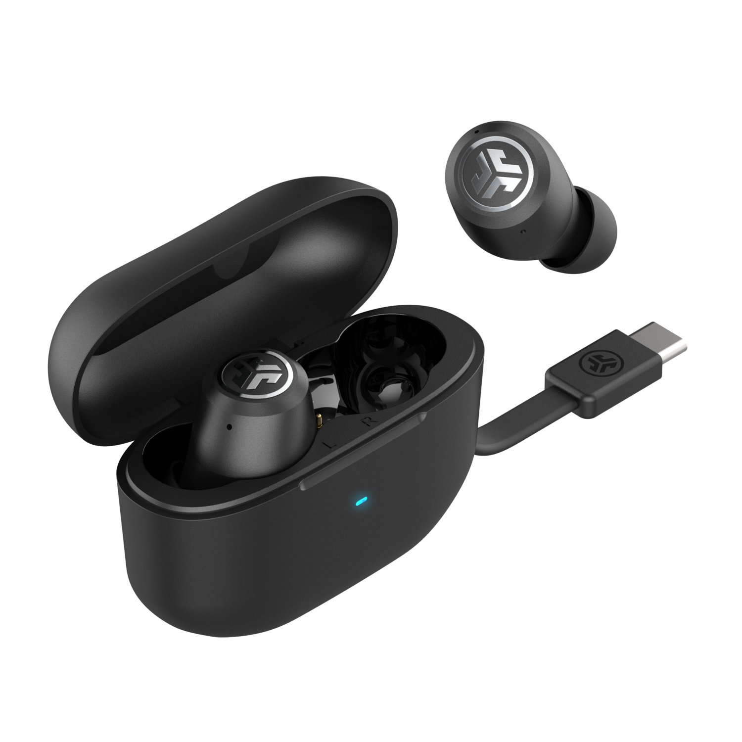 Black JLab wireless earbuds in their charging case with a USB-C cable.