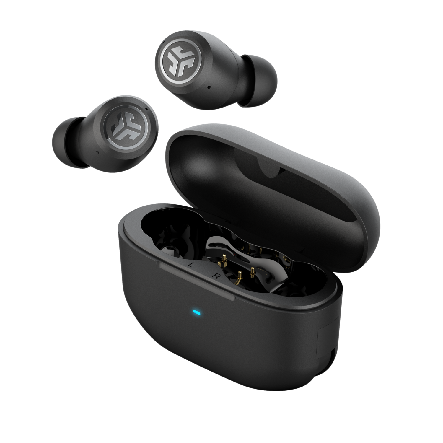 Black wireless earbuds and charging case. The case is open, showing the charging slots.