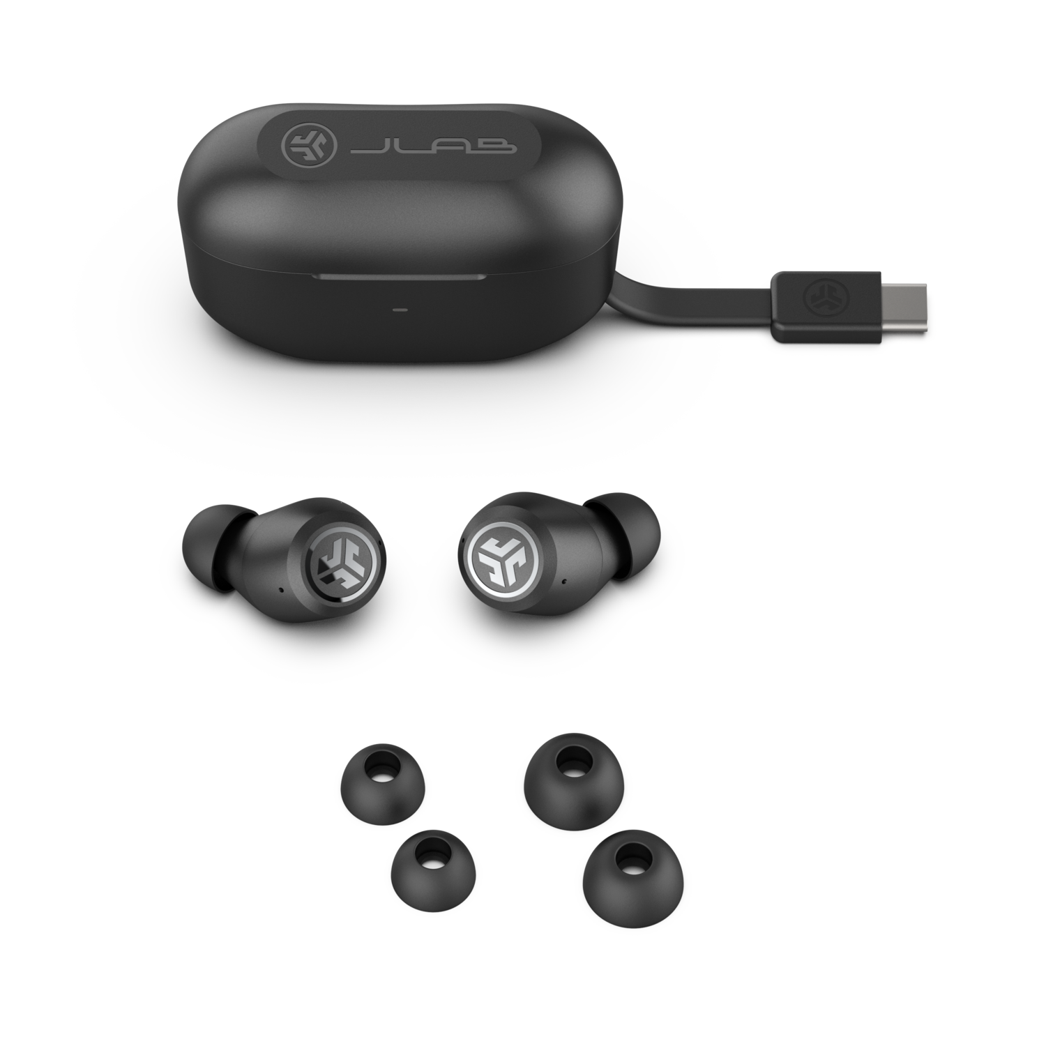 Black JLab earbuds, charging case, and extra ear tips. The case has a USB-C cable.
