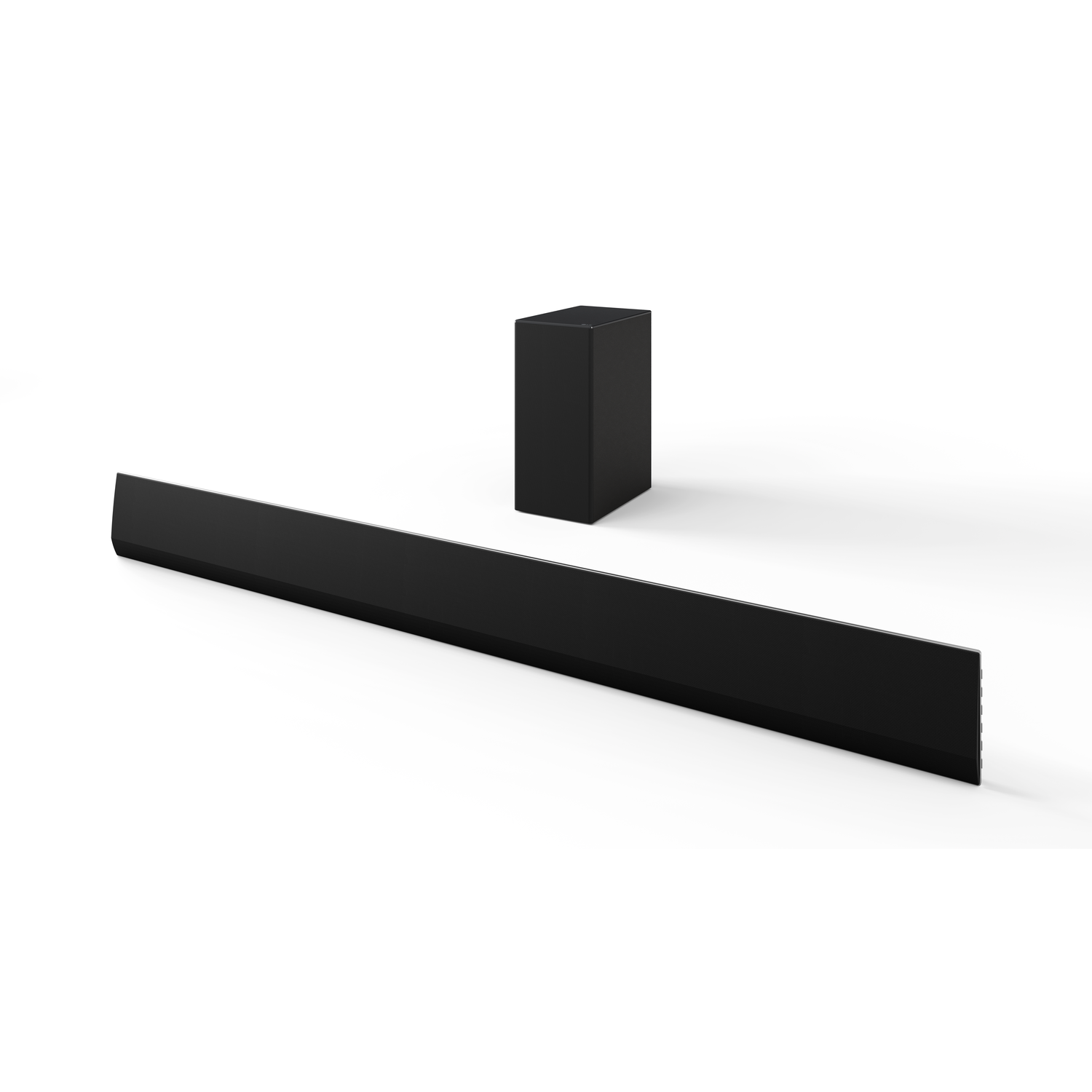Black soundbar and subwoofer on white background. The soundbar is long and thin, subwoofer is a cube.