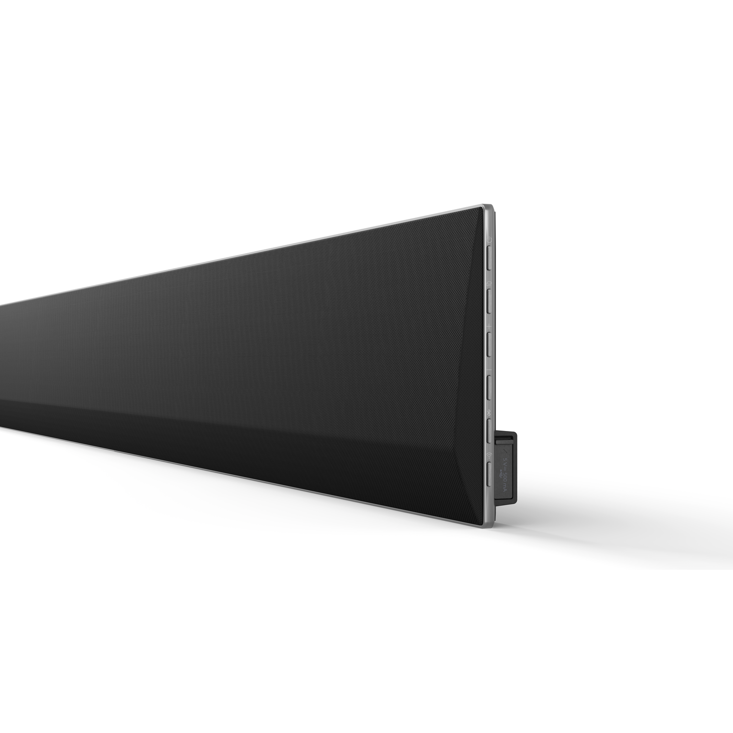 A long, black soundbar on a white background, with a silver edge and a small port.