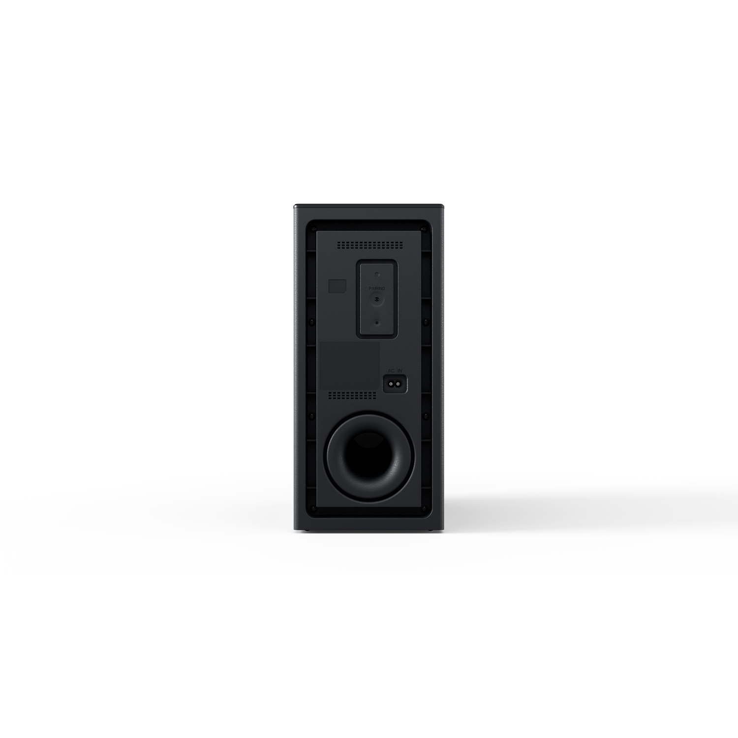 Black soundbar with a central control button, on a white background.