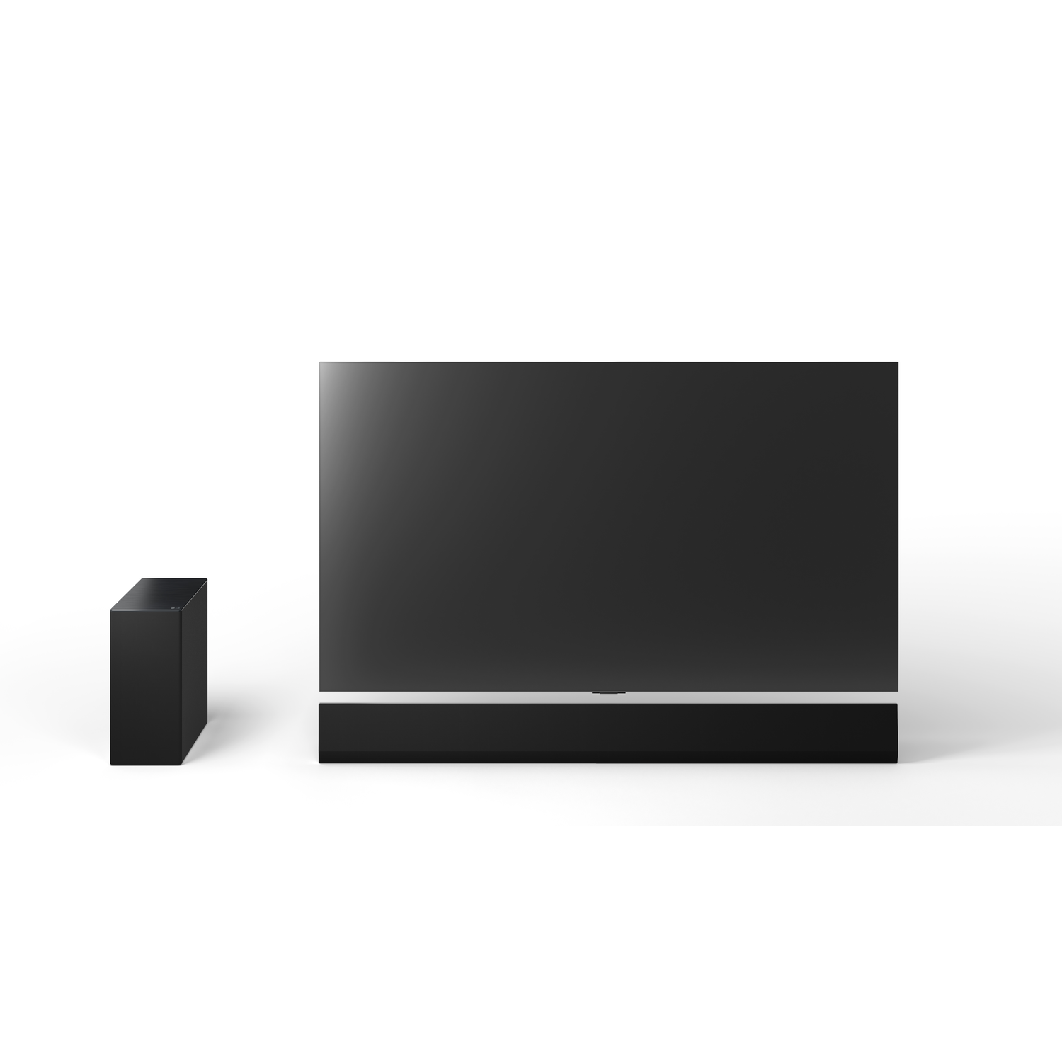 A black soundbar and subwoofer sit beside a large black television screen.