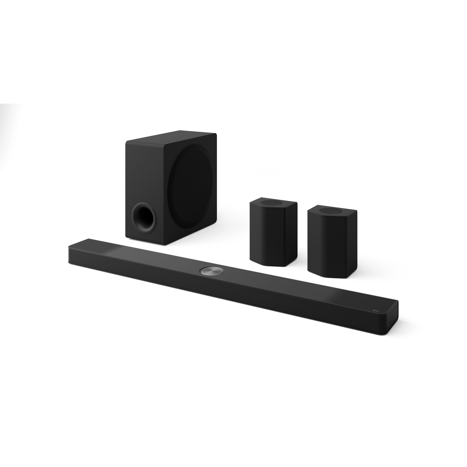 A black soundbar with a subwoofer and two satellite speakers on a white background.