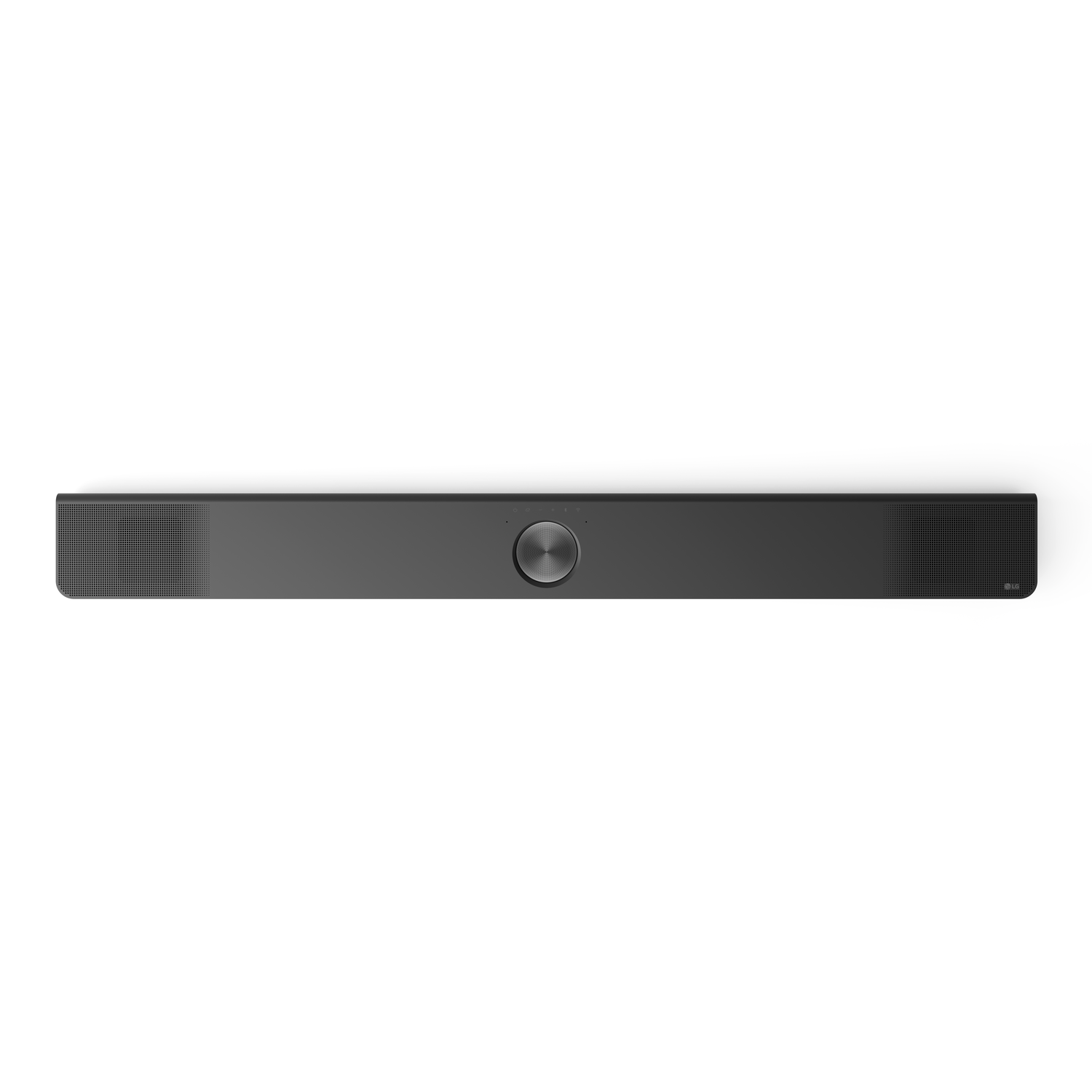 A long, black LG soundbar on a white background. It has a central control knob and speaker grilles.