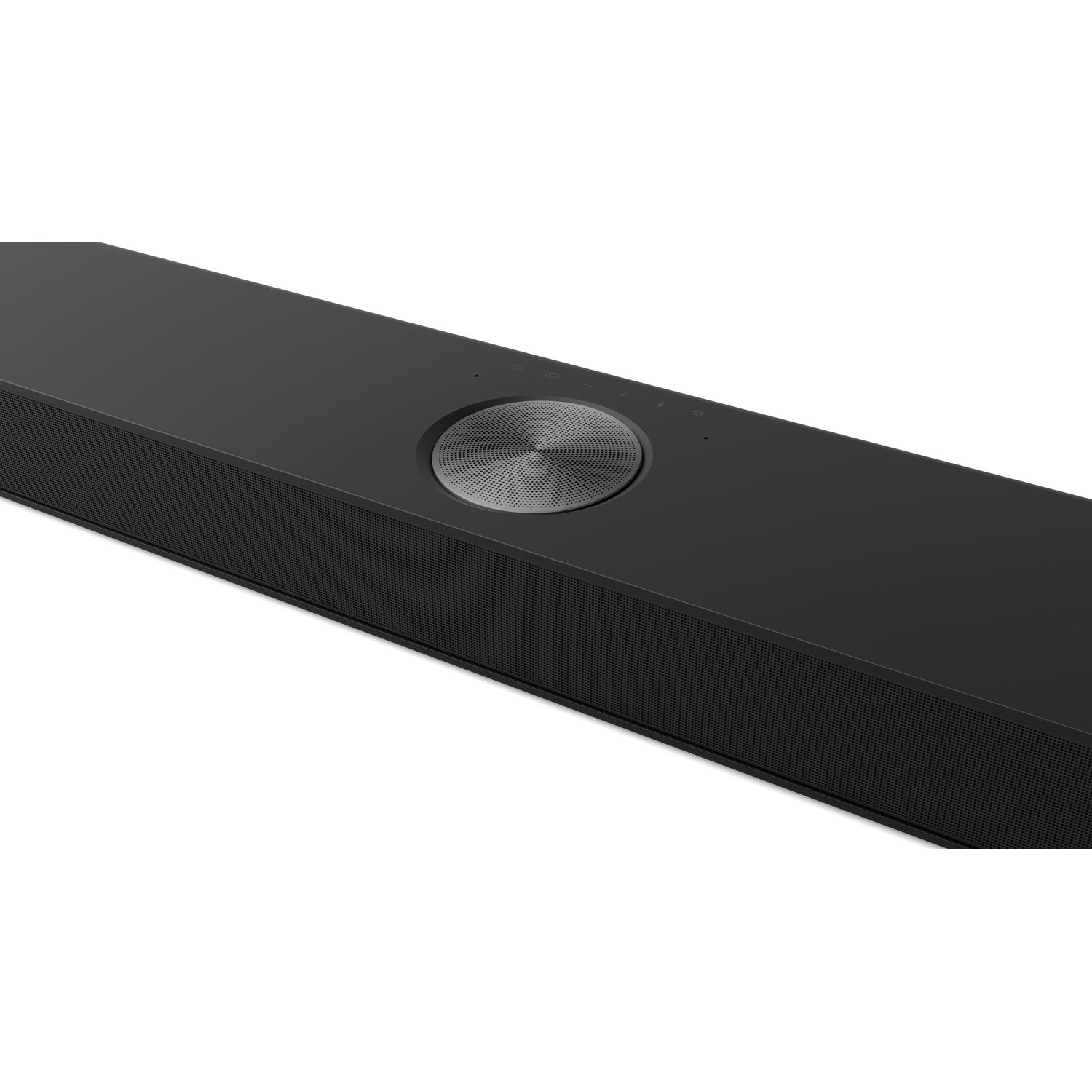 A black soundbar with a central silver speaker grill. The soundbar has buttons on top.
