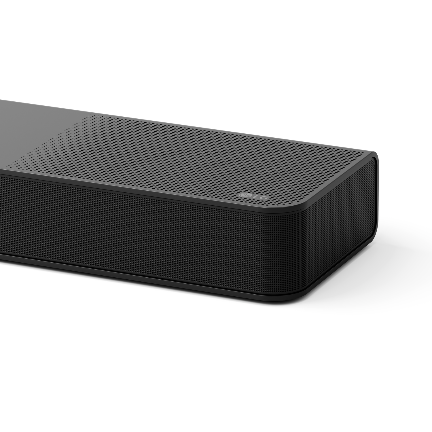 Black sound bar with a perforated top and rounded edges on white.