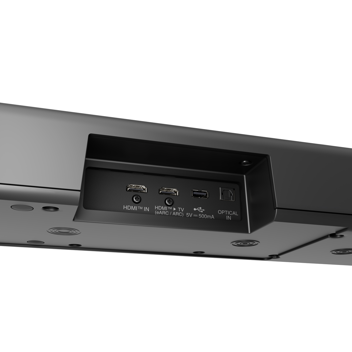A black soundbar with various input ports on the back.