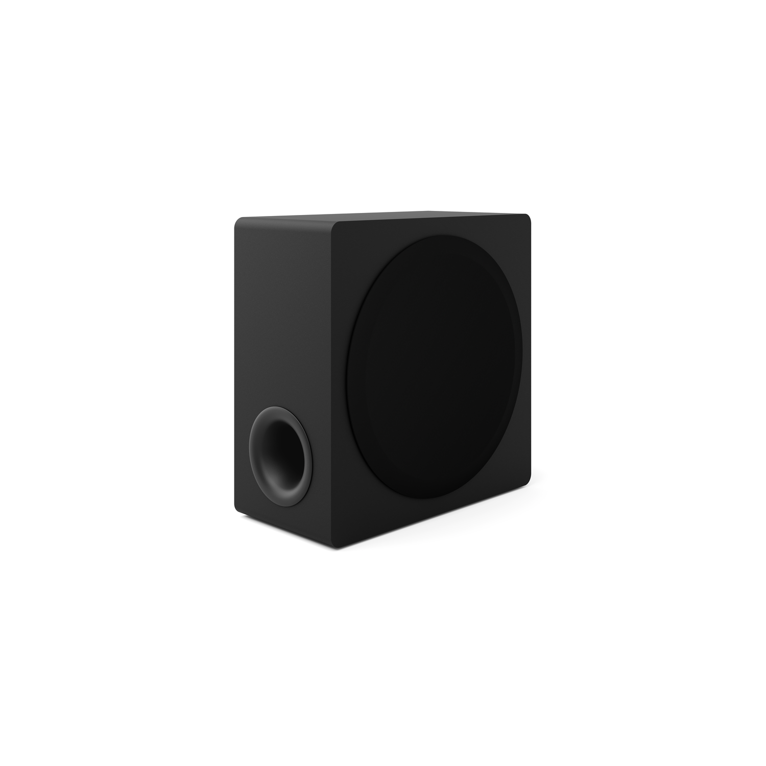 Black subwoofer on a white background, isolated view.