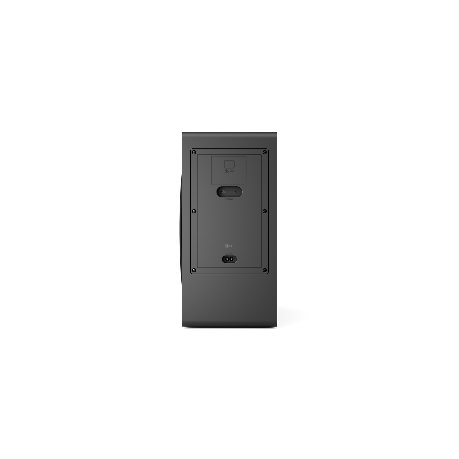 Rear of a black LG speaker on a white background, featuring ports and the LG logo.