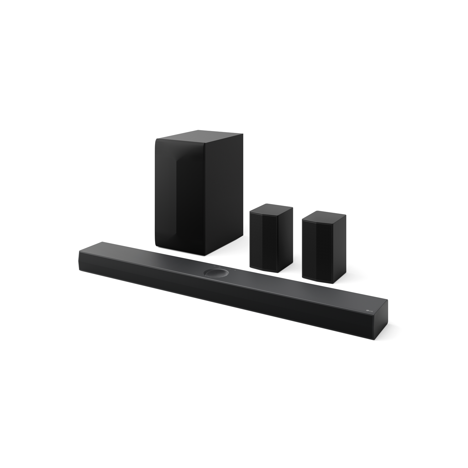 A black sound system with a subwoofer, soundbar, and two satellite speakers, all on a white background.
