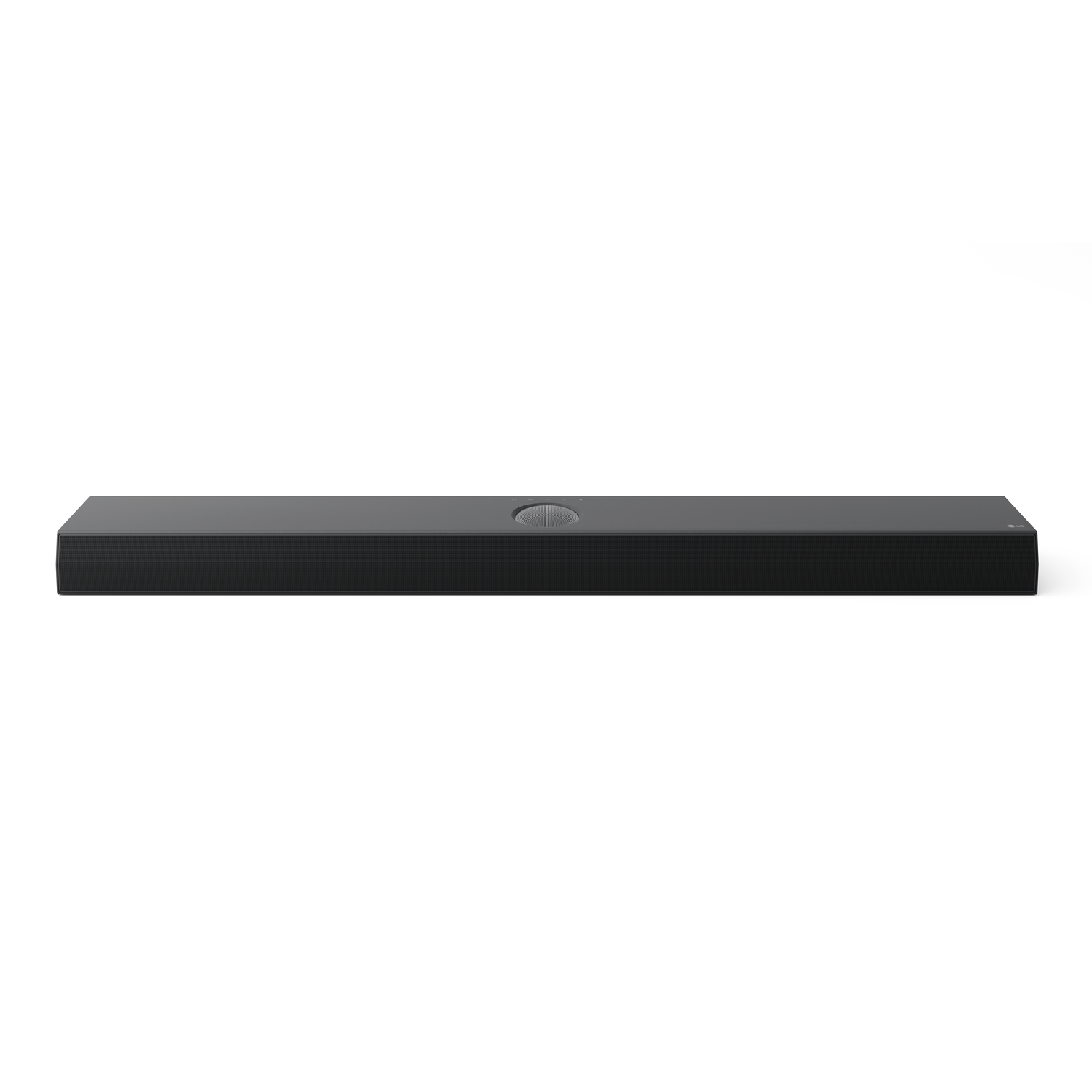 Black sound bar. Rectangular shape, with a slight curve. Has a small, circular control button.
