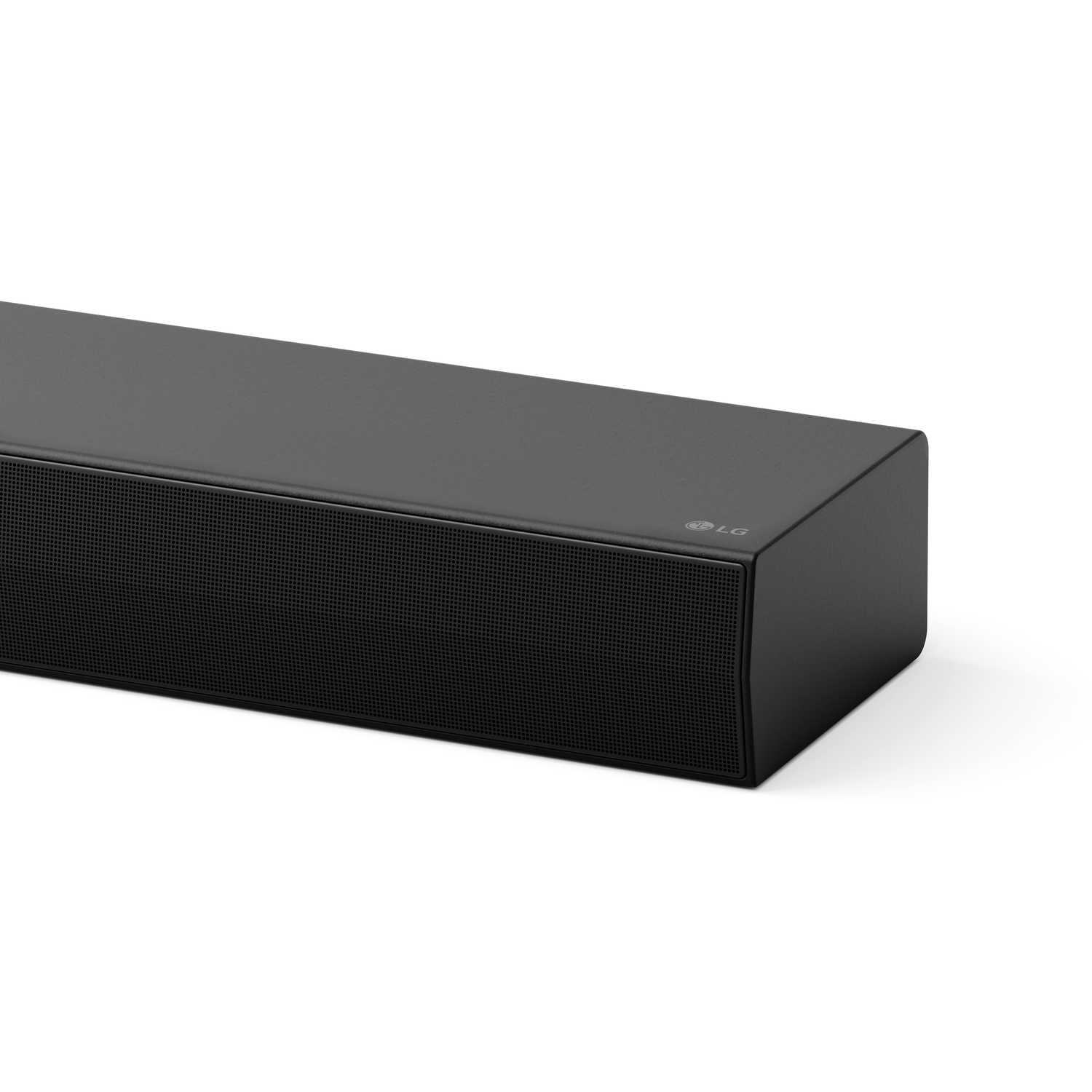 A black soundbar, a rectangular speaker with a mesh front and the LG logo on the top.