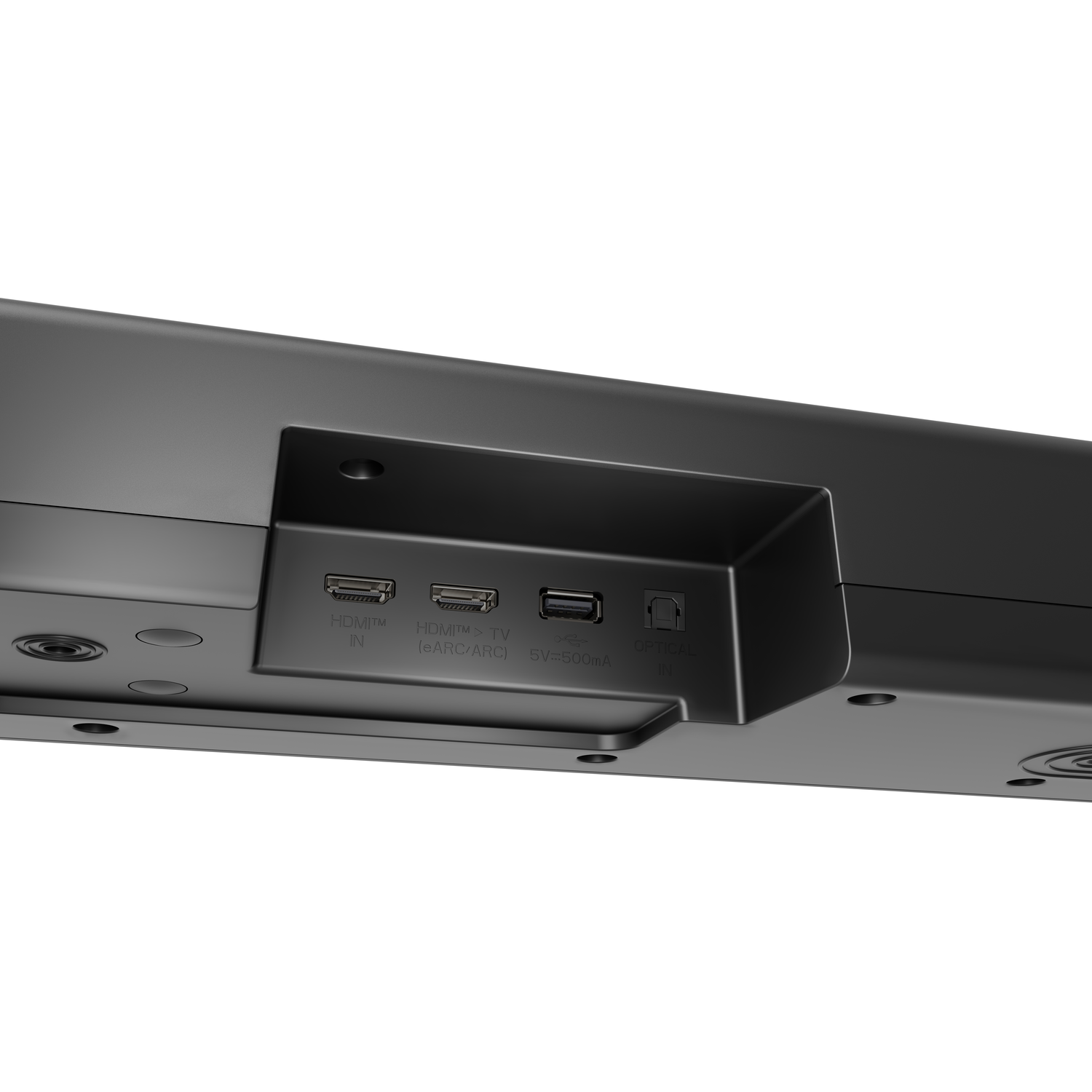 Close-up of the back panel of a black soundbar with HDMI, USB, and optical ports visible.