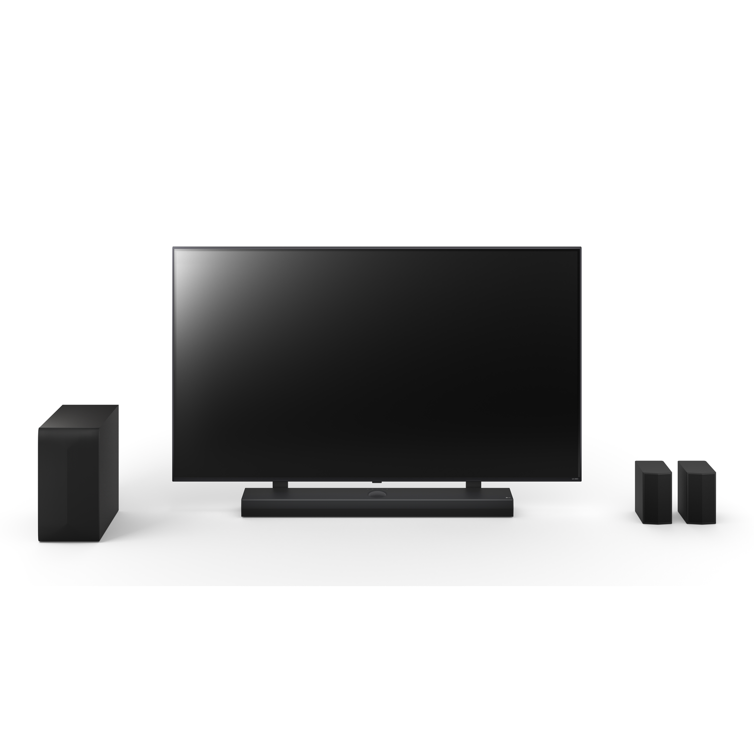 A black TV and sound system with a subwoofer, soundbar, and two satellite speakers.