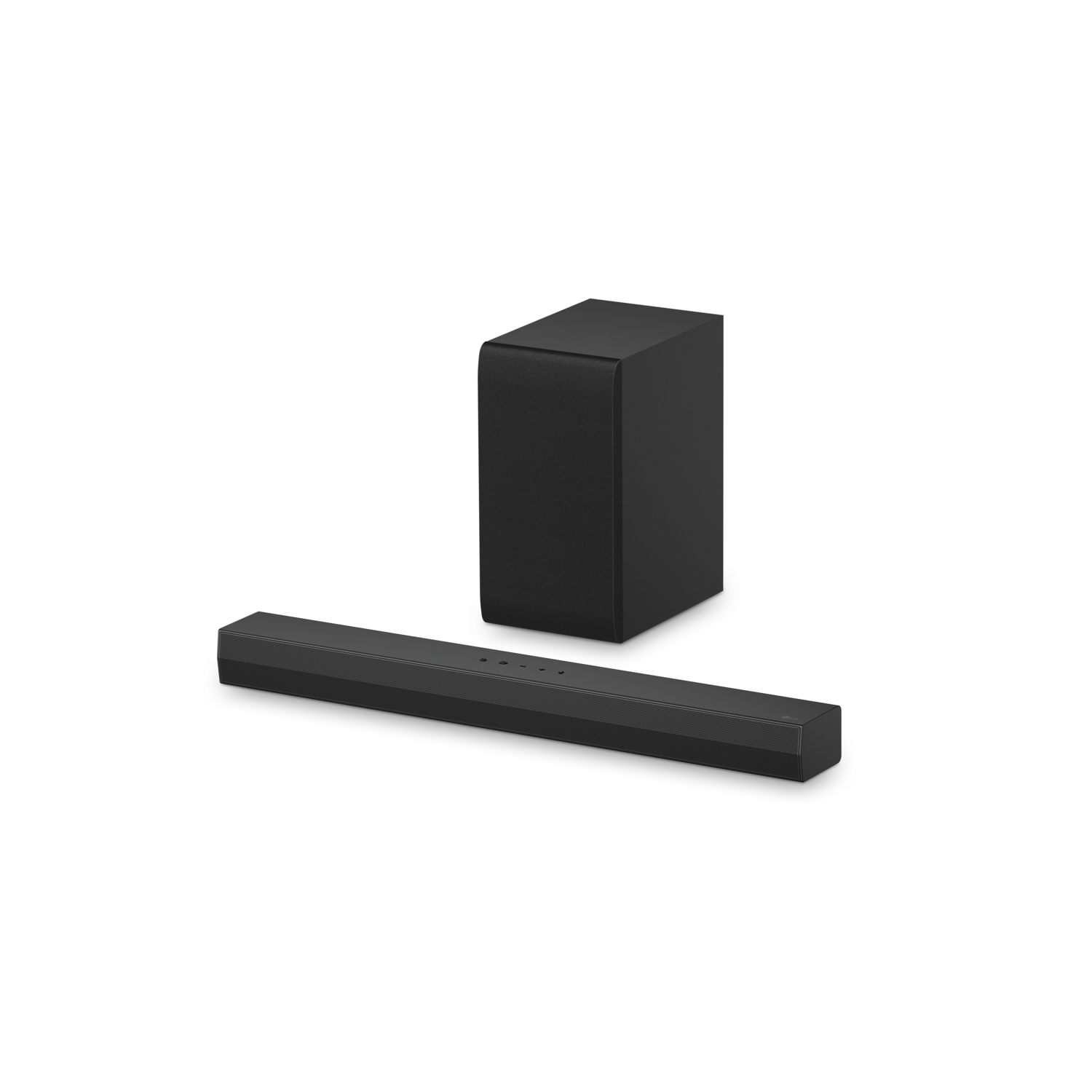 A black soundbar and subwoofer on a white surface, isolated on black.