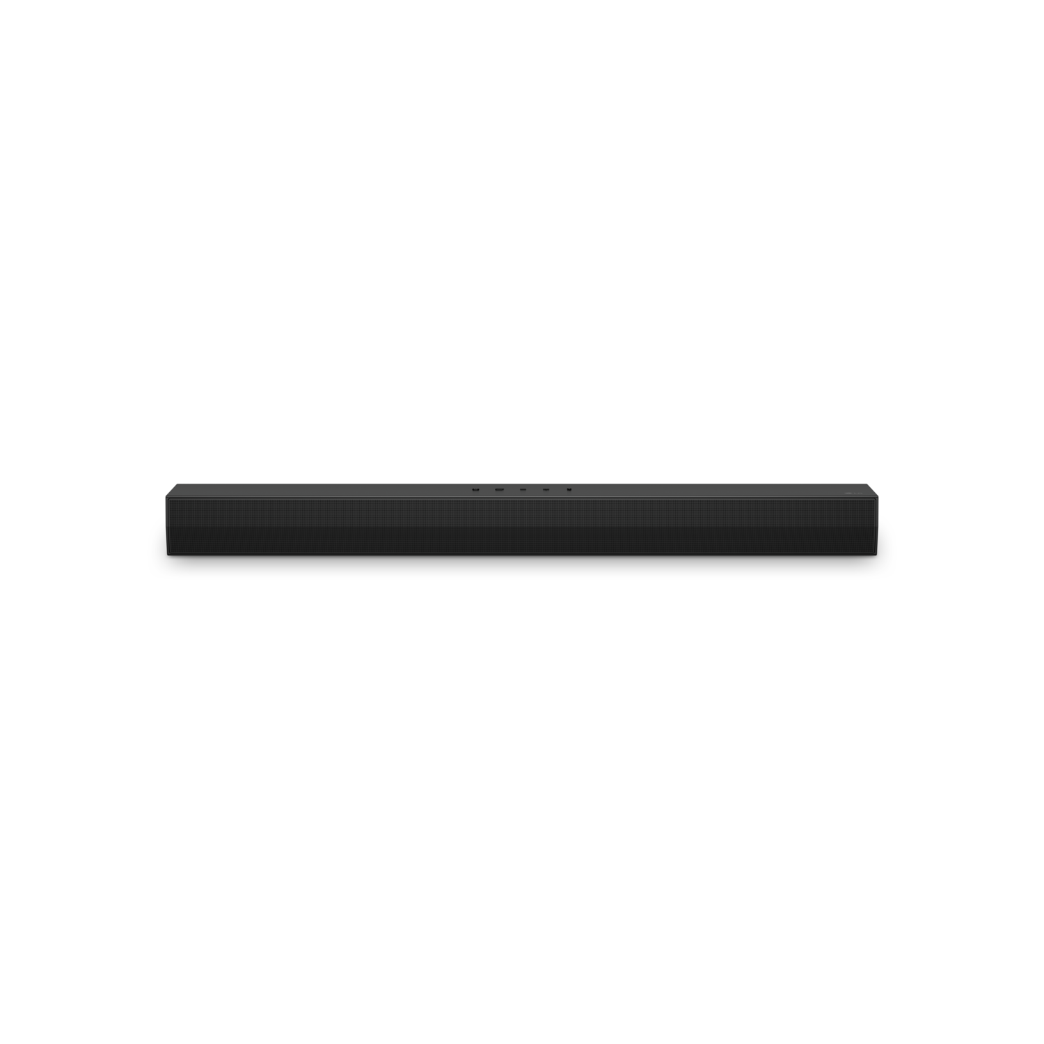 Black soundbar with a series of buttons on the top and a dark background.