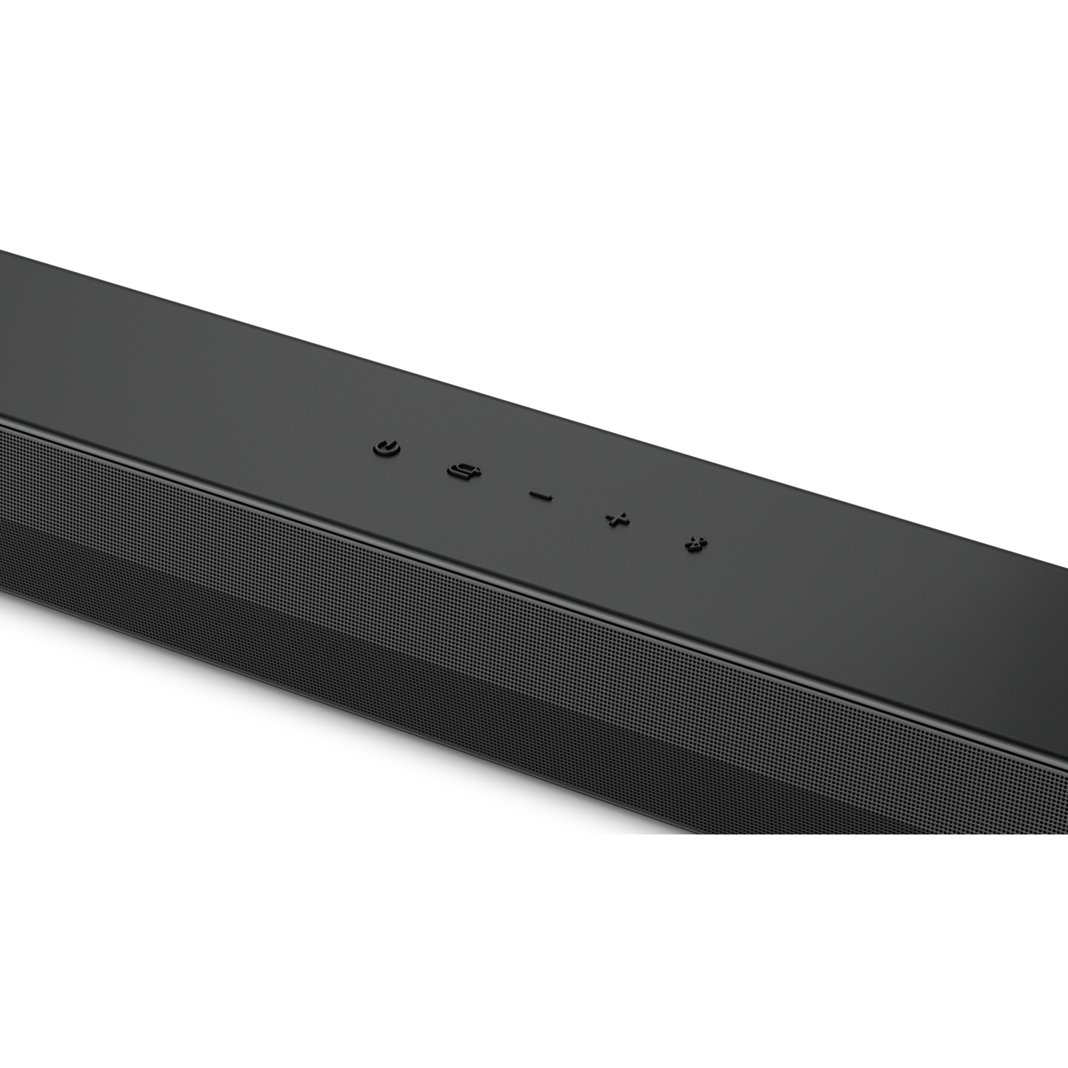 Close up of a black sound bar with buttons on top. The surface has a mesh pattern.