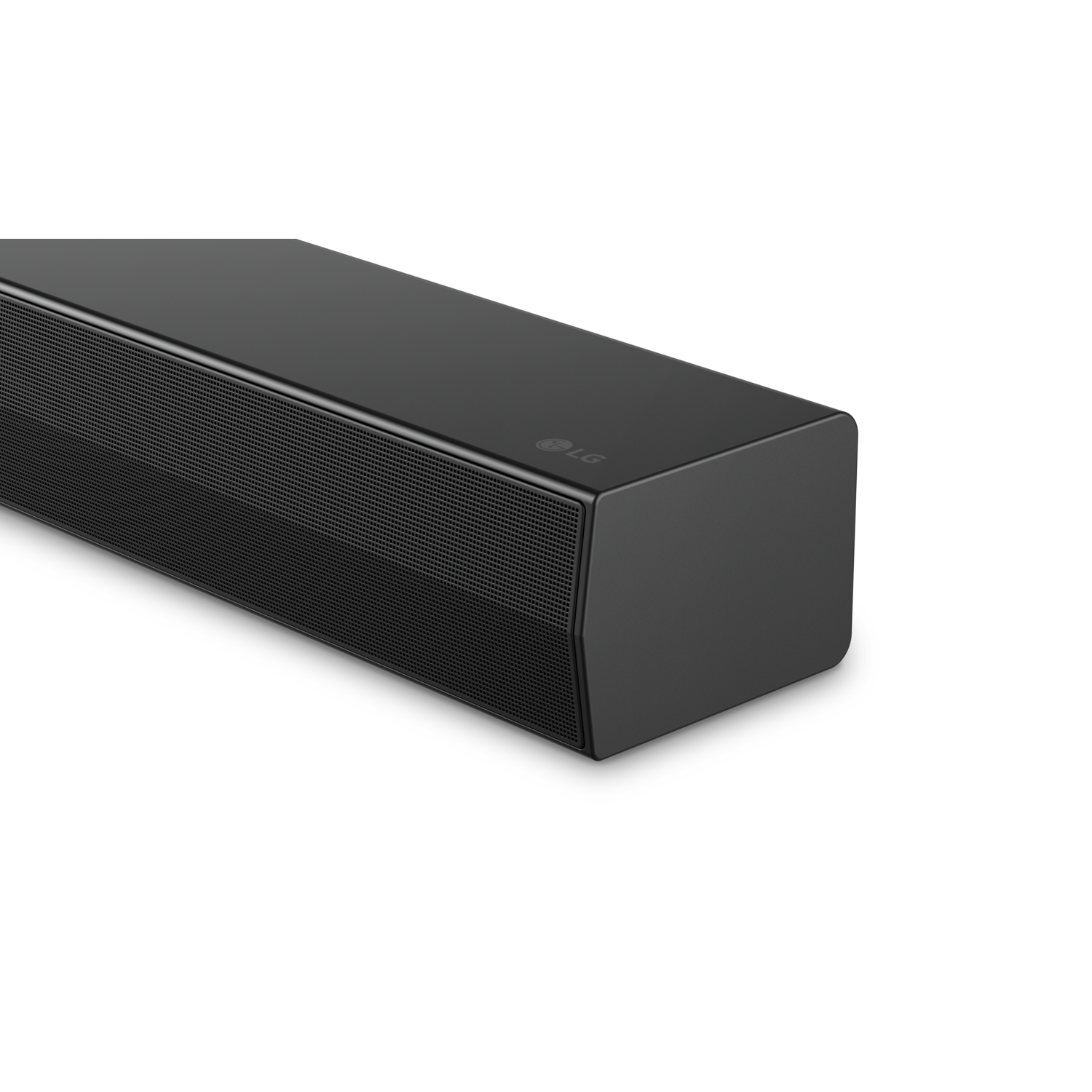 A black LG soundbar, angled, with a mesh front and LG logo.