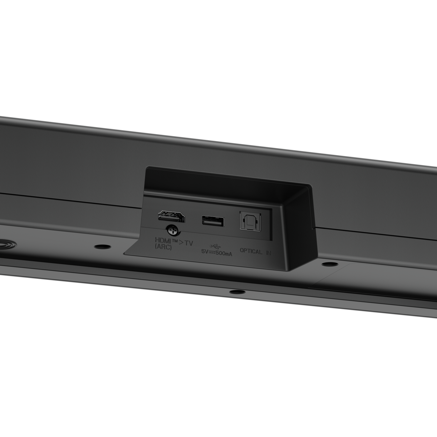 Black soundbar back, ports visible. HDMI, USB, and Optical In ports. Simple and clean design.