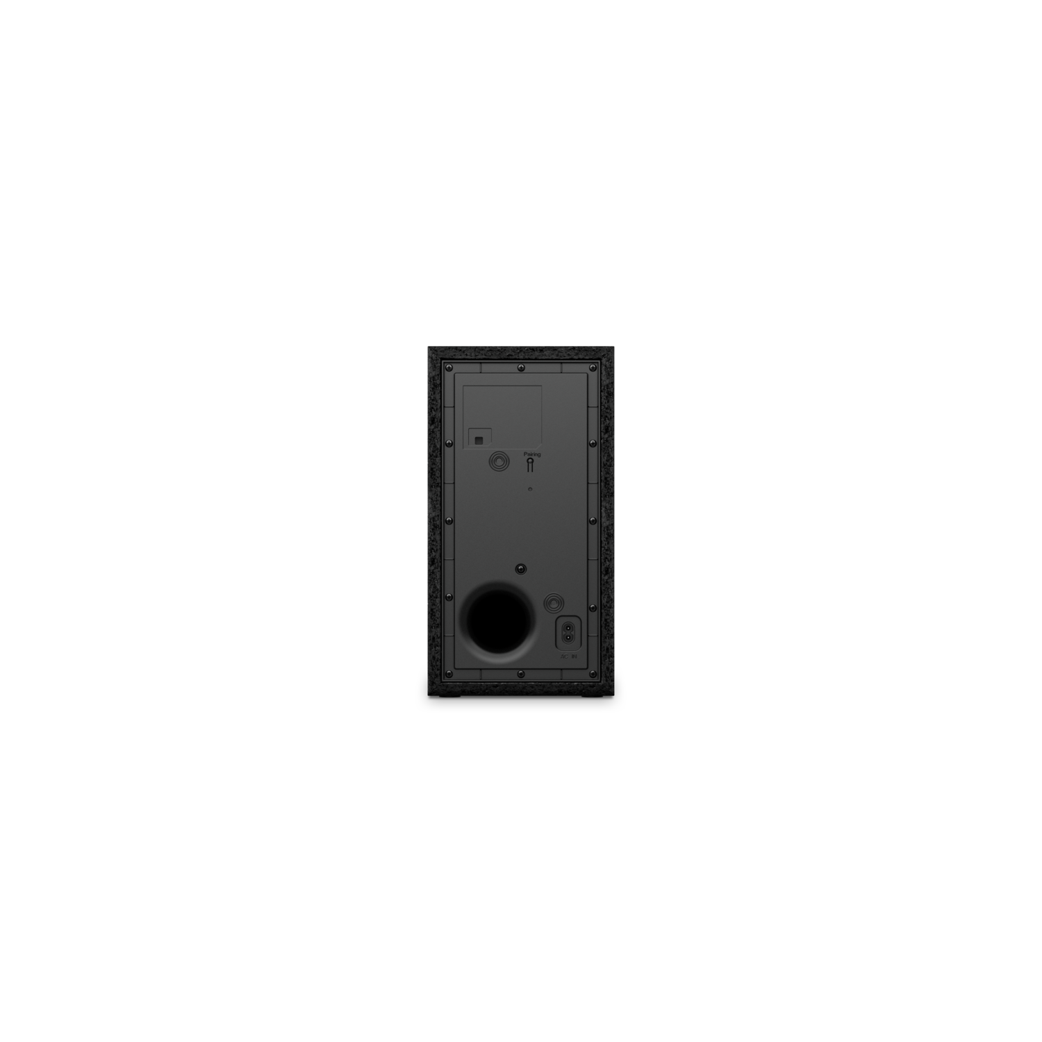 A black speaker. It has a subwoofer and other inputs on the back.