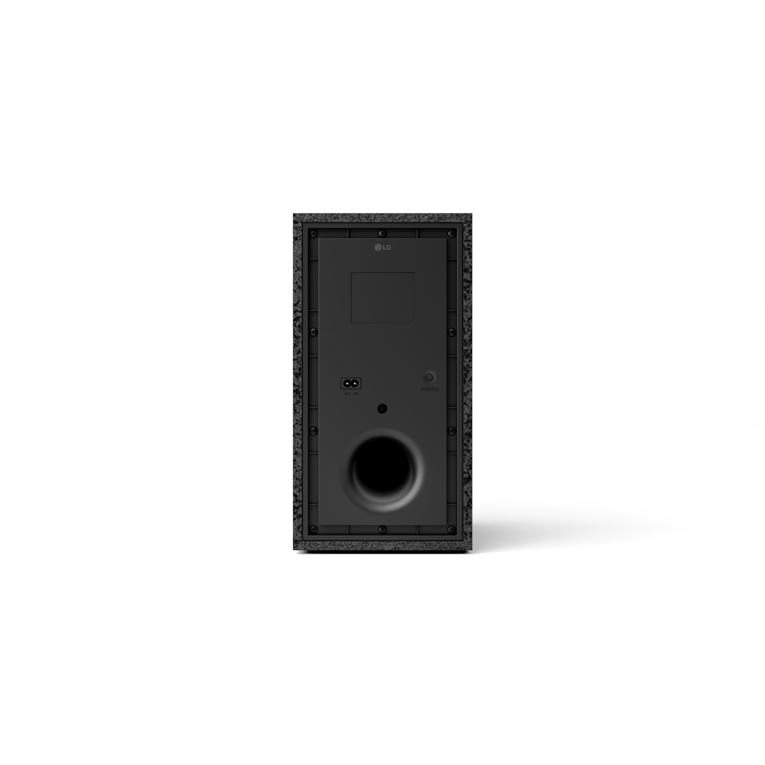 Black LG soundbar rear view, with power and subwoofer ports, LG logo and other ports.