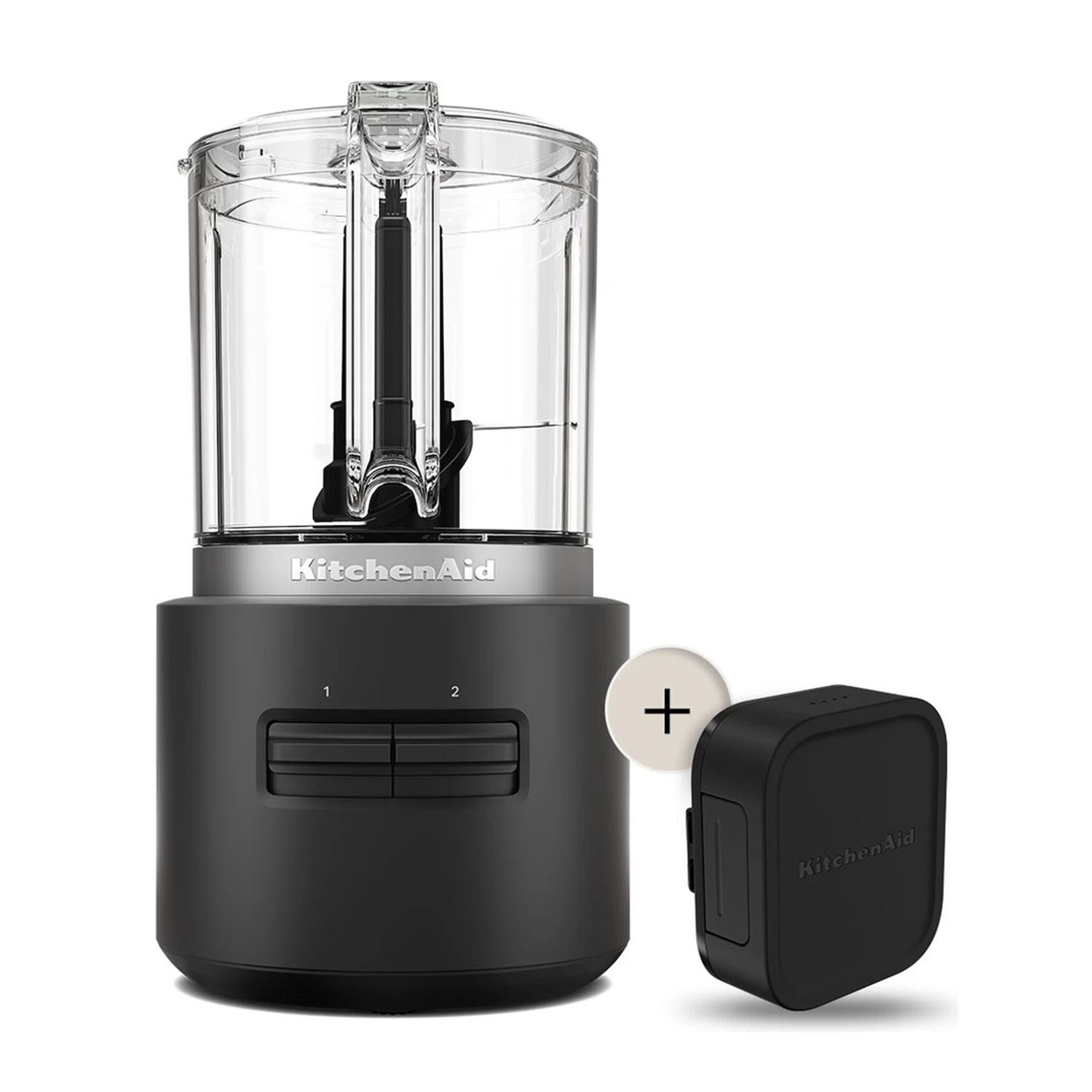 Robot da cucina KitchenAid nero con ciotola trasparente e un accessorio nero accanto.