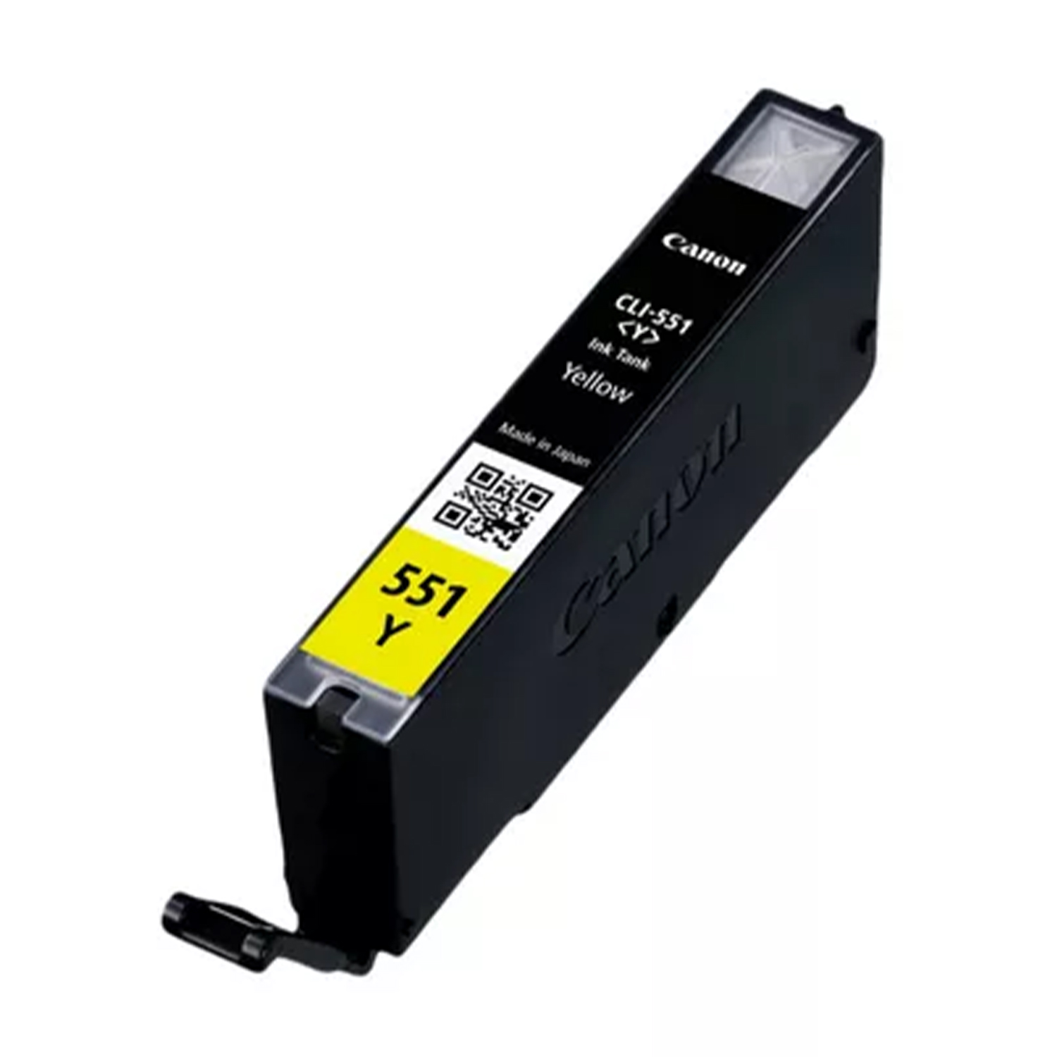Cartuccia d'inchiostro Canon CLI-551. Inchiostro giallo con involucro nero. Codice QR e testo sull'involucro nero.