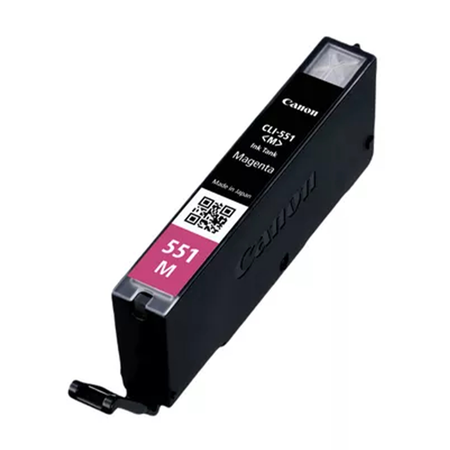 Cartuccia d'inchiostro magenta Canon CLI-551 M, involucro nero con indicatore inchiostro magenta.