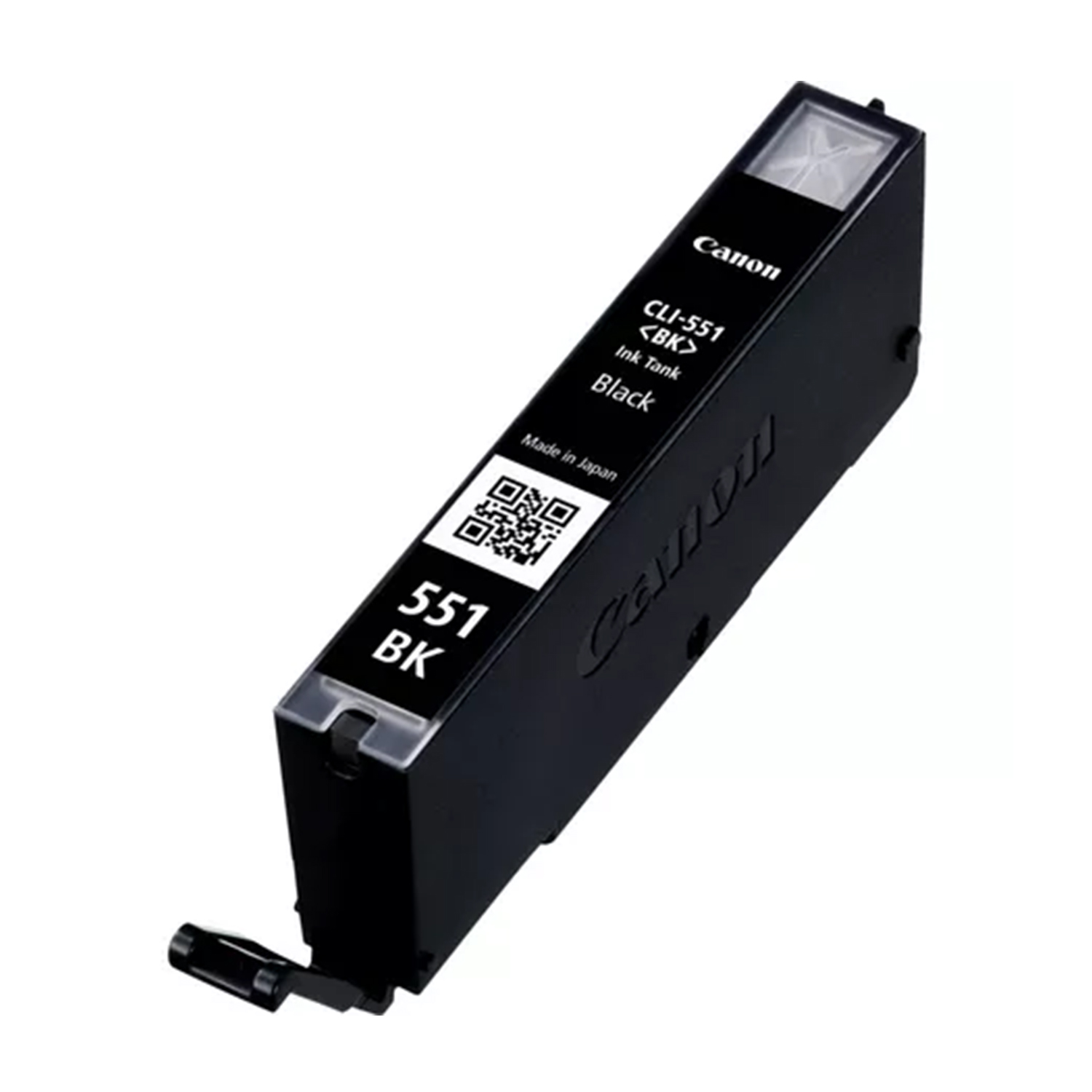 Una cartuccia d'inchiostro Canon nera, etichettata CLI-551 BK. La cartuccia è rettangolare con testo e un codice QR sul lato, isolata su bianco.