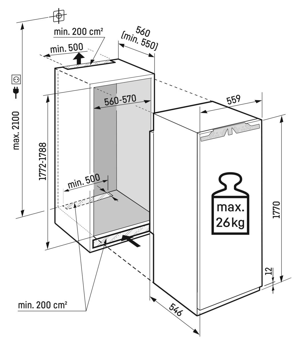 Diagramm eines Kühlschranks mit Messungen und Abmessungen in Schwarzweiß.