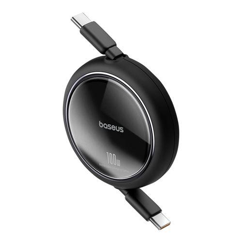 Siyah Baseus 100w şarj kablosu. Dairesel tasarım, iki USB-C konektörü.