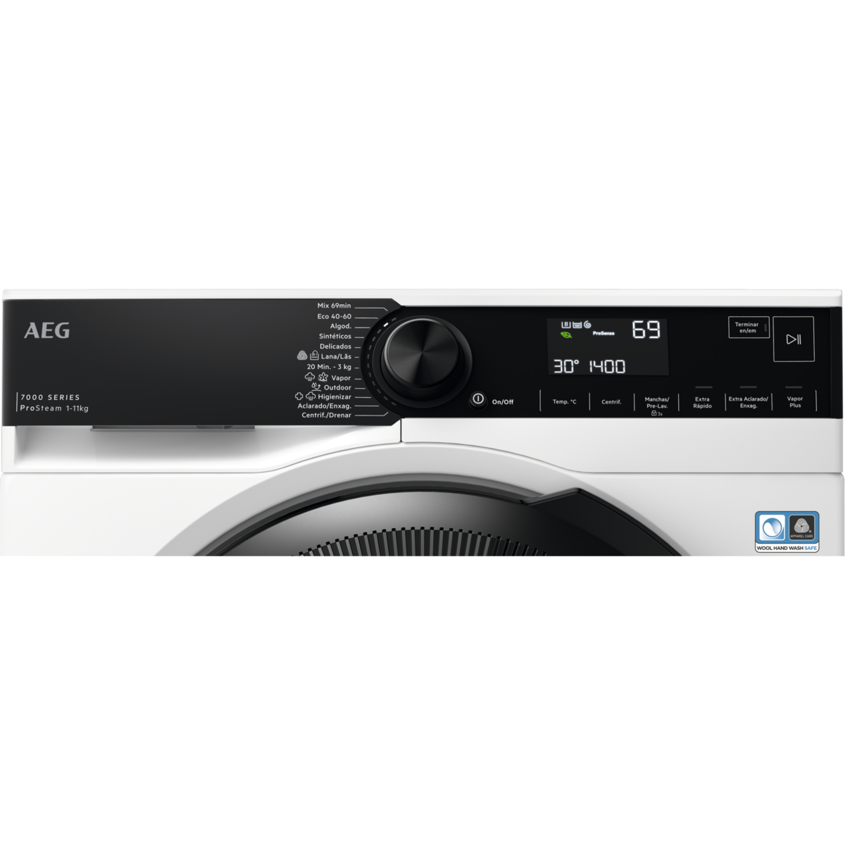 Panel de control de lavadora blanco y negro. Muestra configuraciones con botones y pantalla digital.
