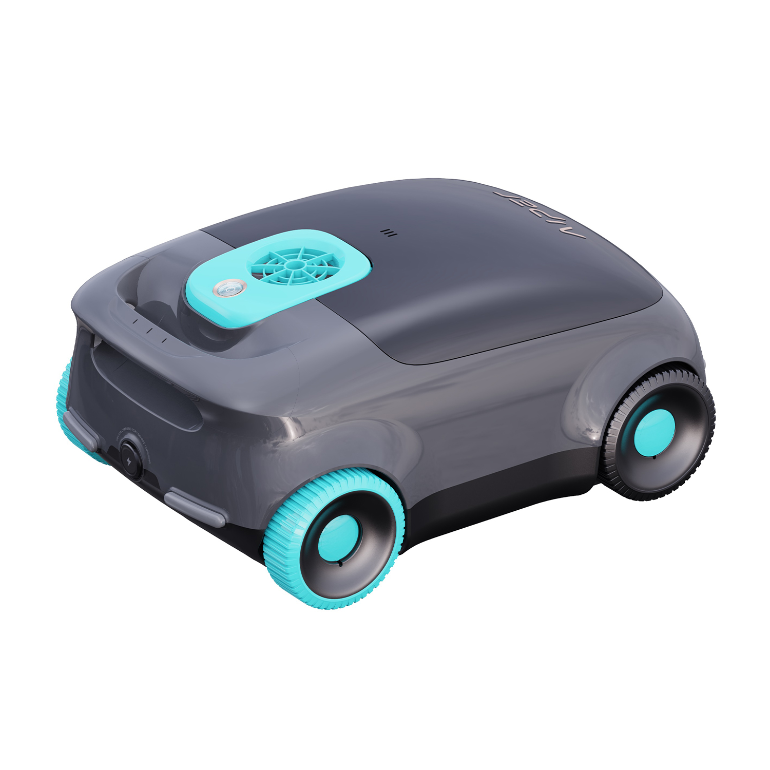 Un tosaerba robotizzato, grigio con accenti blu, su sfondo bianco. Il tosaerba ha ruote e una presa d'aria superiore.