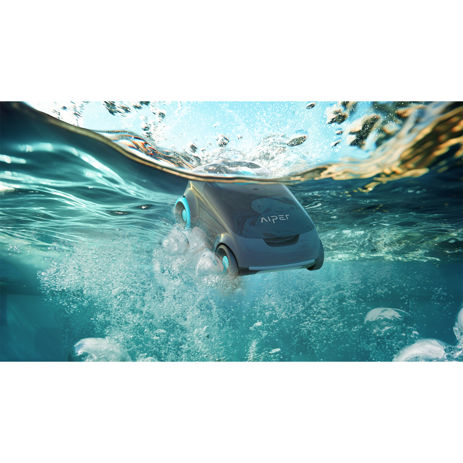 Un pulitore per piscine robotico nero sott'acqua, con bolle e superficie visibile.