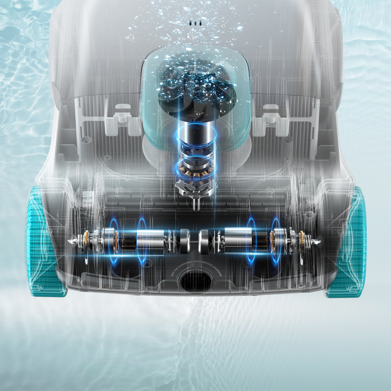 Vista trasparente di un pulitore per piscine robotizzato, che mostra i componenti interni.