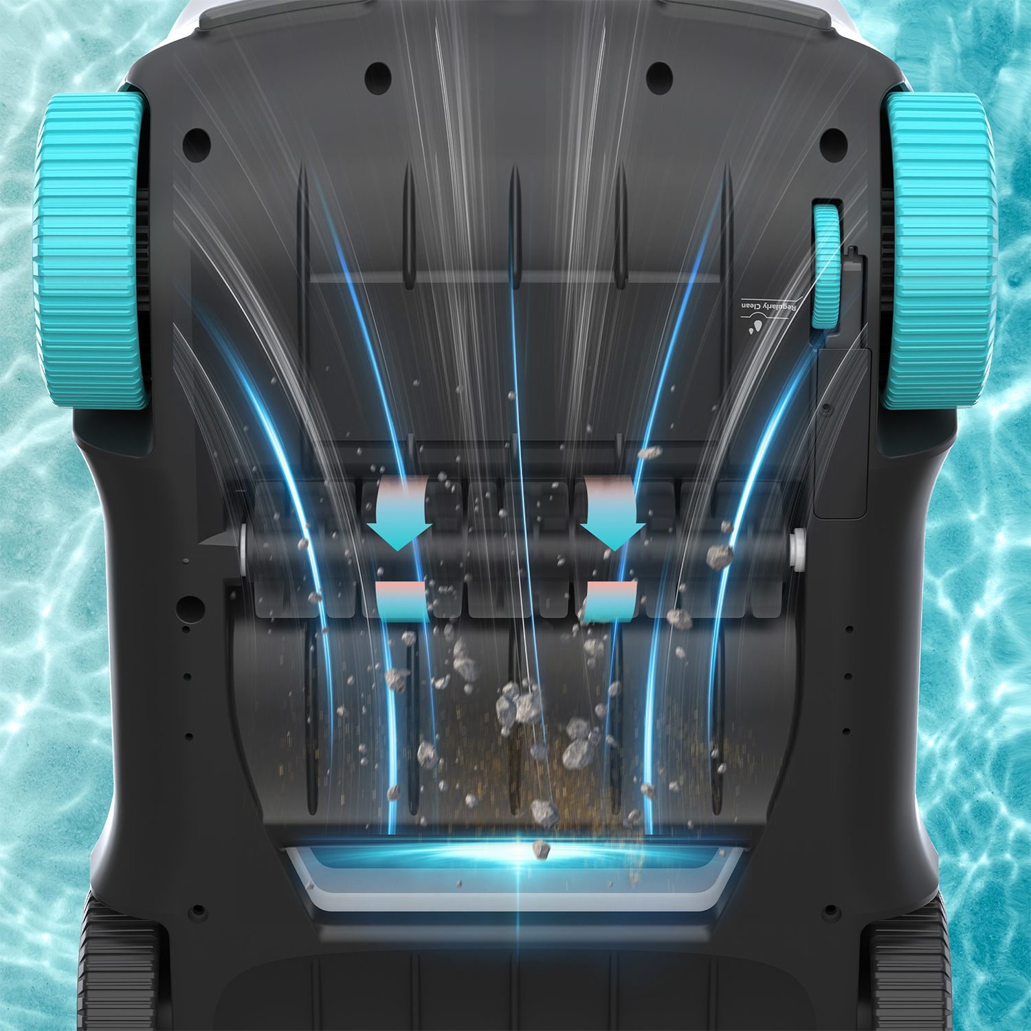 Aspirapolvere robot, vista inferiore. Ruote turchesi e componenti interni visibili.
