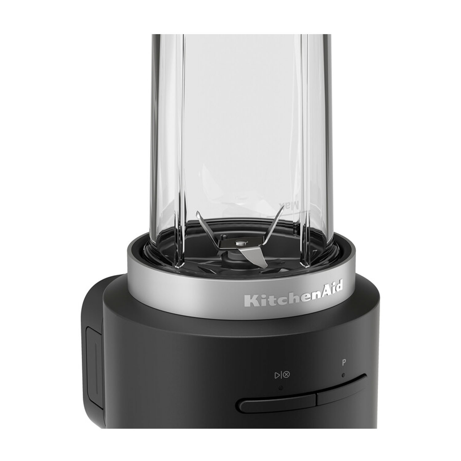 Base frullatore KitchenAid nera con bicchiere trasparente installato.