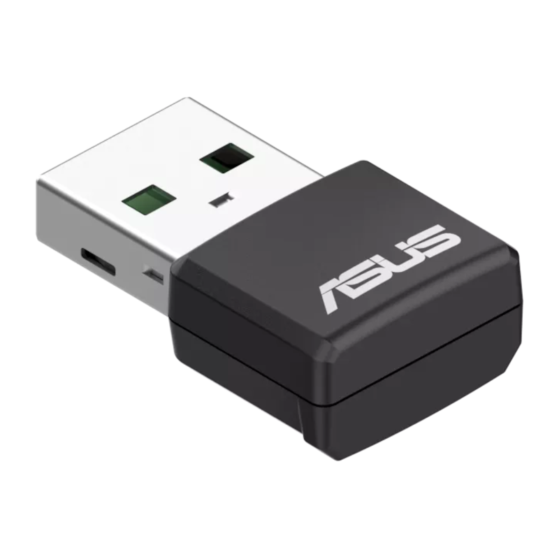 Schwarzer und grauer ASUS USB-Adapter. Er ist an einen silbernen USB-Anschluss angeschlossen.