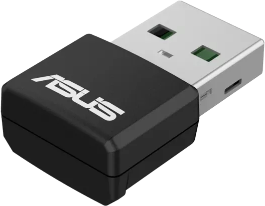 Ein ASUS USB-WLAN-Adapter, schwarz mit weißem ASUS-Logo. Er ist in einen USB-Anschluss gesteckt.