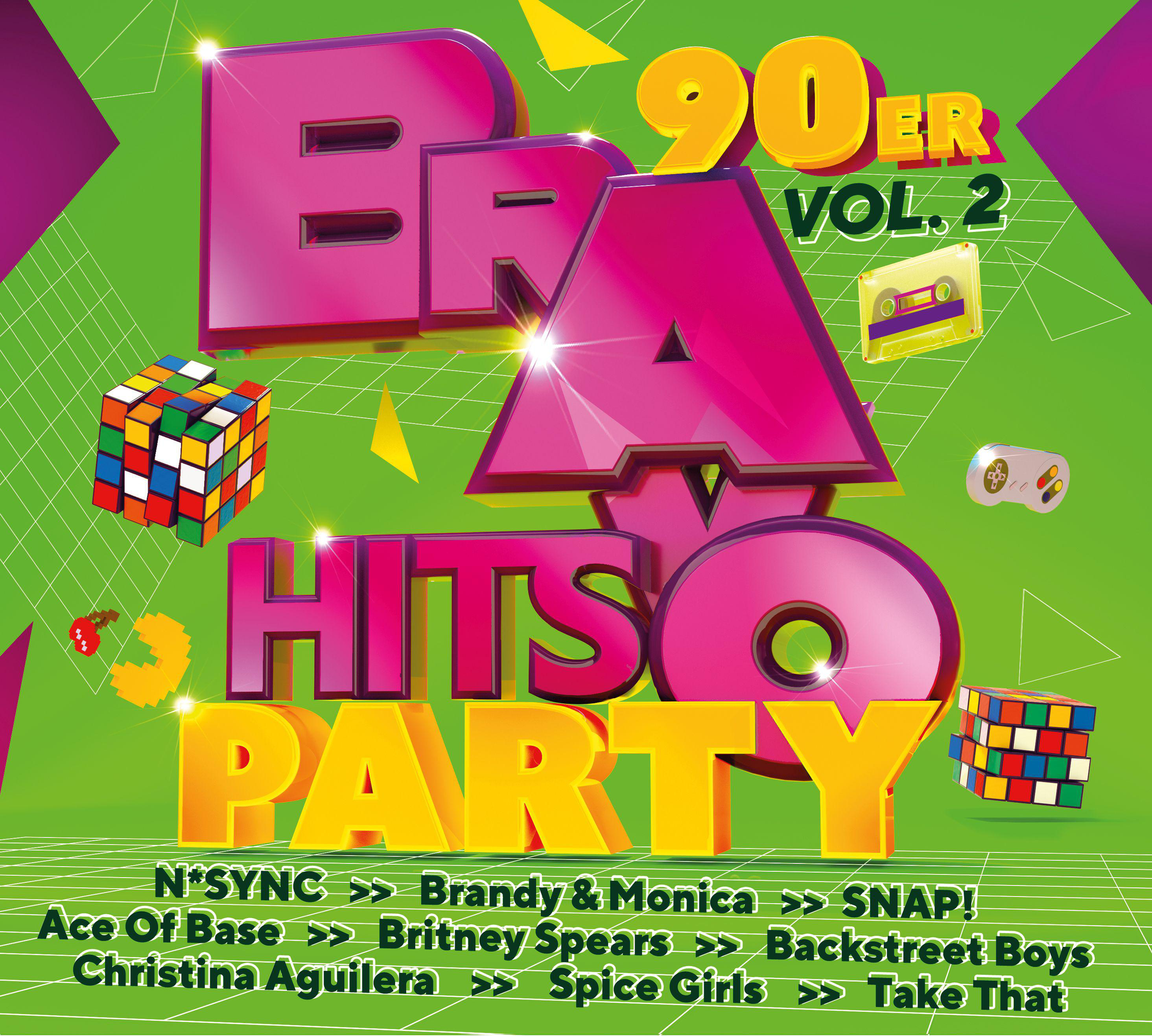 Albumcover für Bravo Hits Party 90er Vol. 2, mit bunten Texten und Bildern.