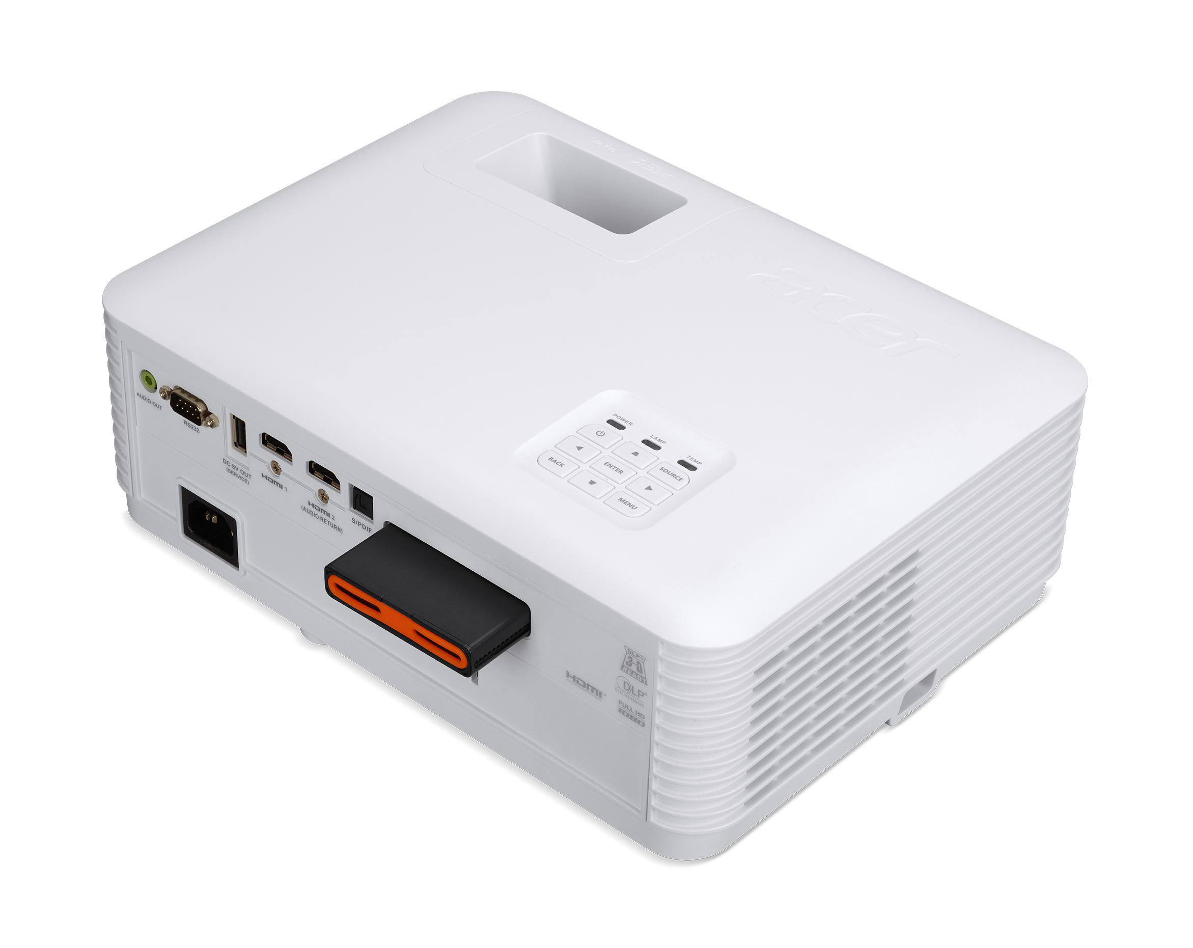 Weißer Projektor mit Anschlüssen und Knöpfen. Orangefarbener USB-Stick ist eingesteckt. Weißer Hintergrund.